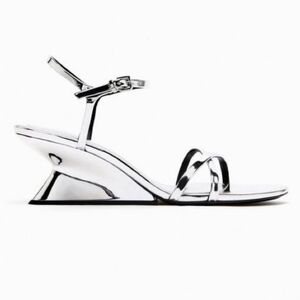 Zara Silver Mirrored Strappy Curved Wedge Sandals